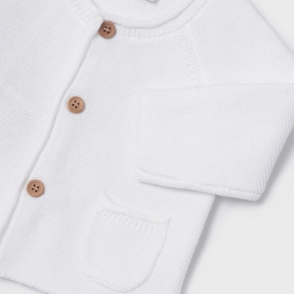 Mayoral White Knit Cardigan with Brown Wooden Button Accents 2 Pockets 4-6months